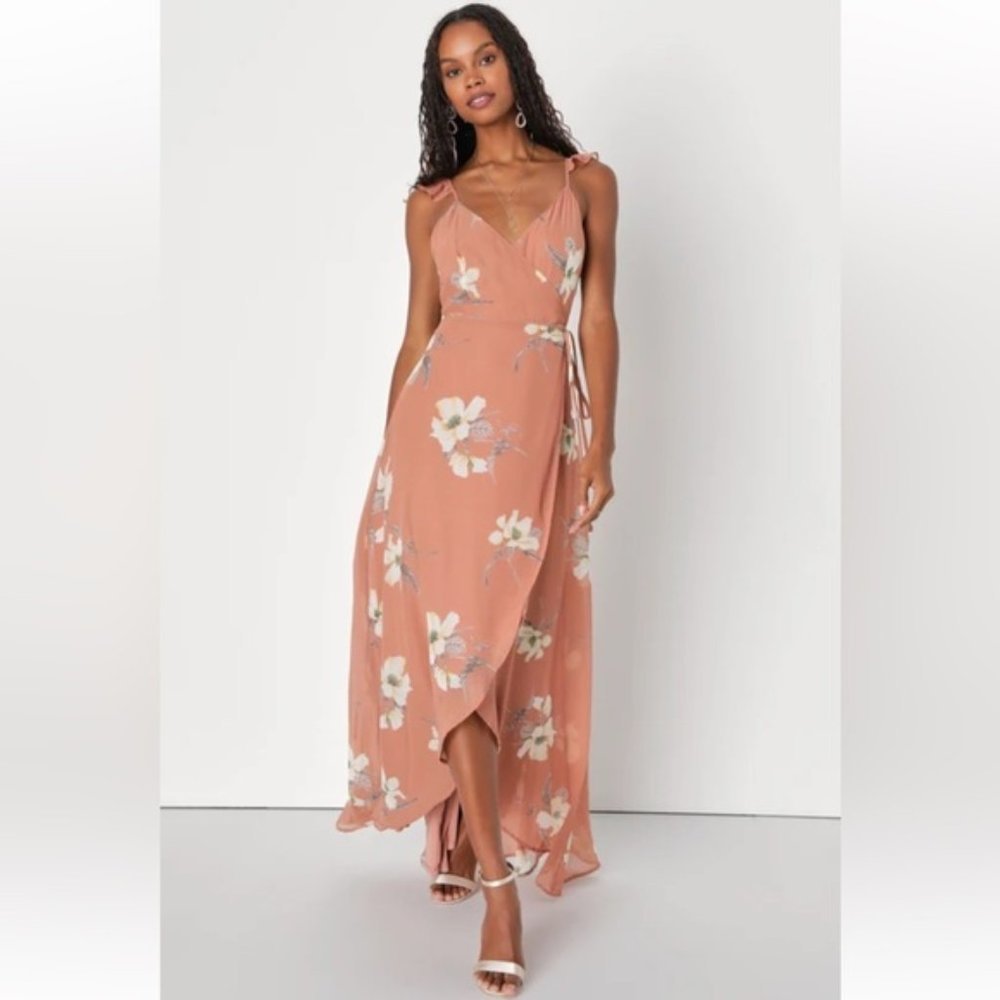 Lulu's All Mine Rusty Rose Floral Print High-Low Wrap Dress Large NWT